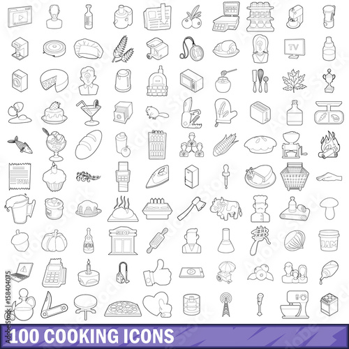 100 cooking icons set  outline style