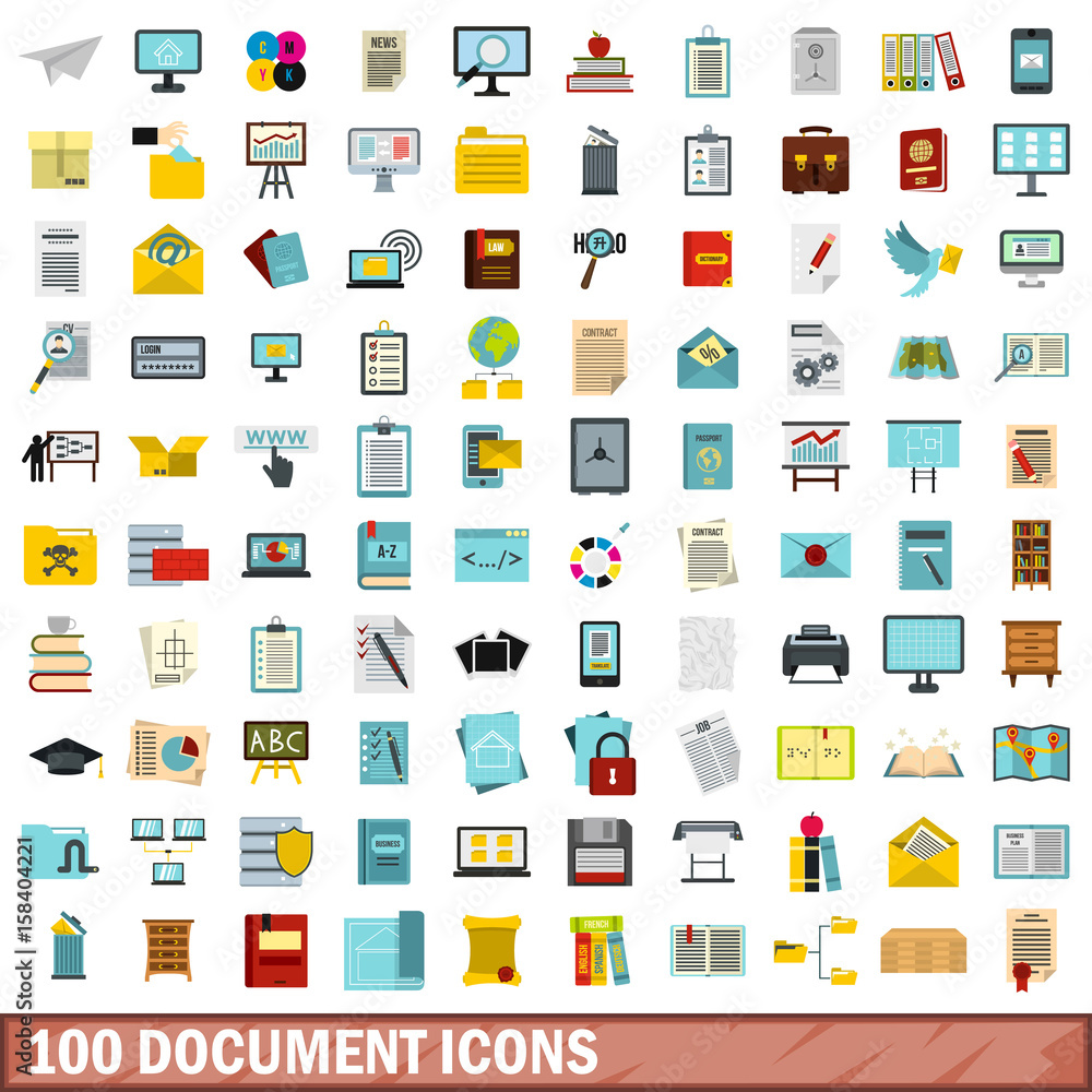 100 document icons set, flat style