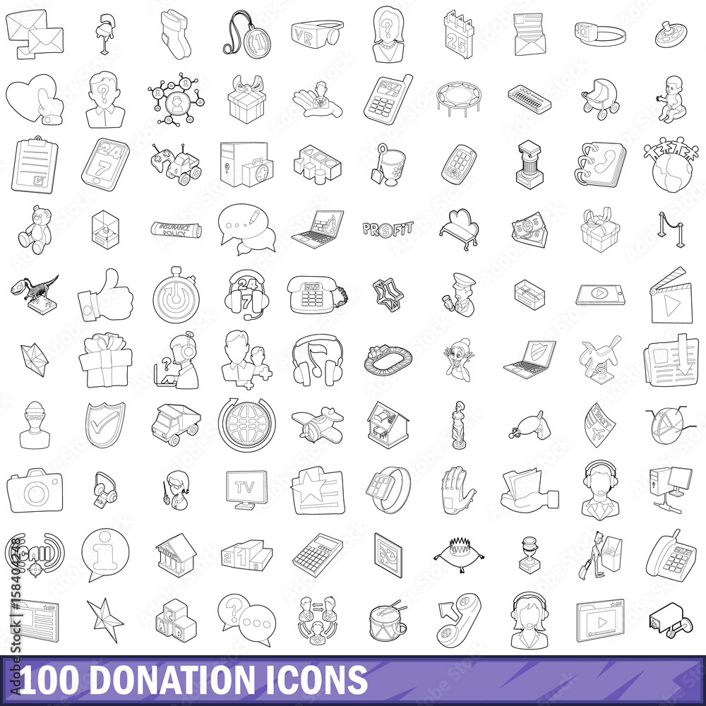 100 donation icons set, outline style