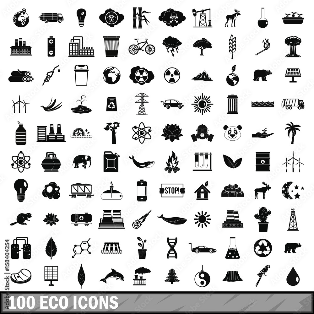 100 eco icons set, simple style 