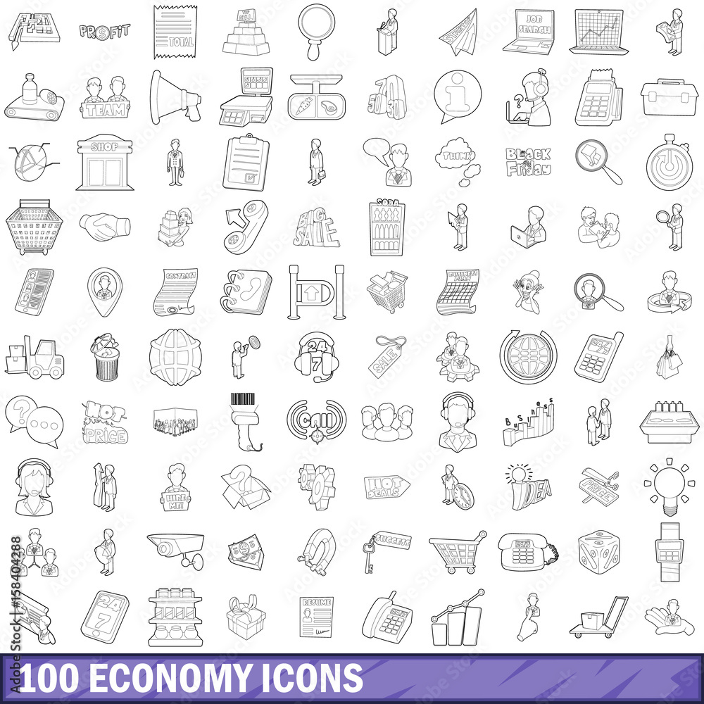 100 economy icons set, outline style