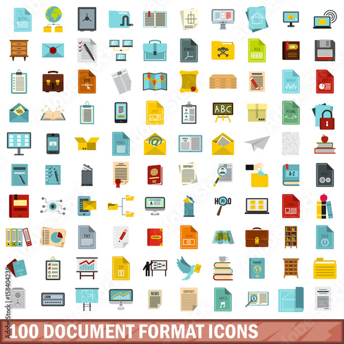 100 document format icons set, flat style