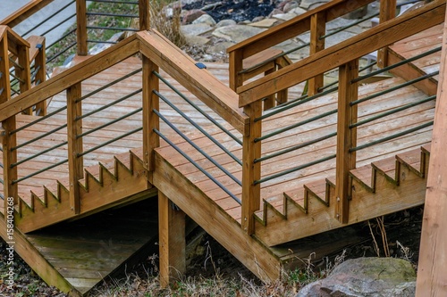 Fototapeta zigzag pattern of wood steps on outdoor deck