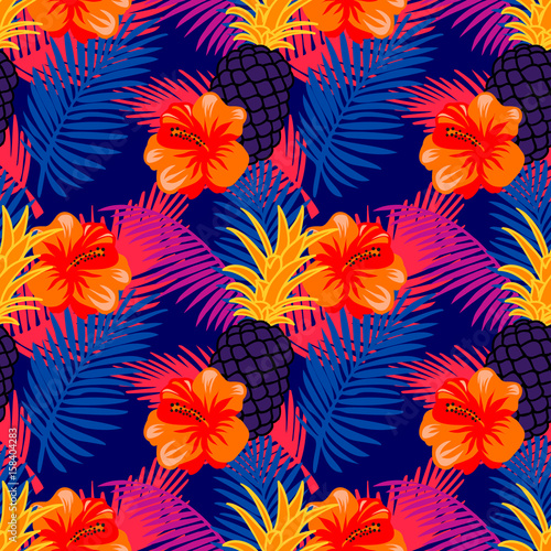 Seamless pattern with tropical fruits, flowers and palm leaves. Tropic background with neon colors