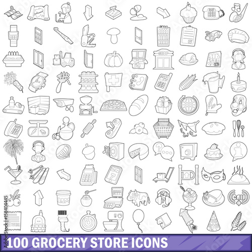 100 grocery store icons set, outline style