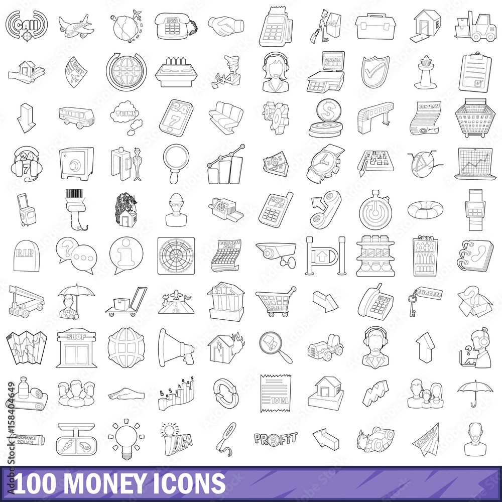 100 money icons set, outline style 100 money icons set, outline style