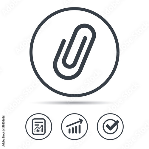 Attachment icon. Paper clip symbol. Report document  Graph chart and Check signs. Circle web buttons. Vector