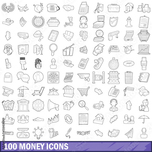 100 money icons set, outline style