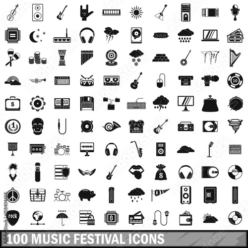 100 music festival icons set, simple style 