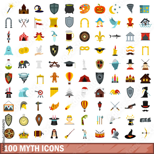100 myth icons set, flat style
