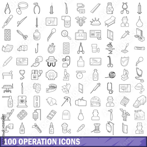 100 operation icons set, outline style