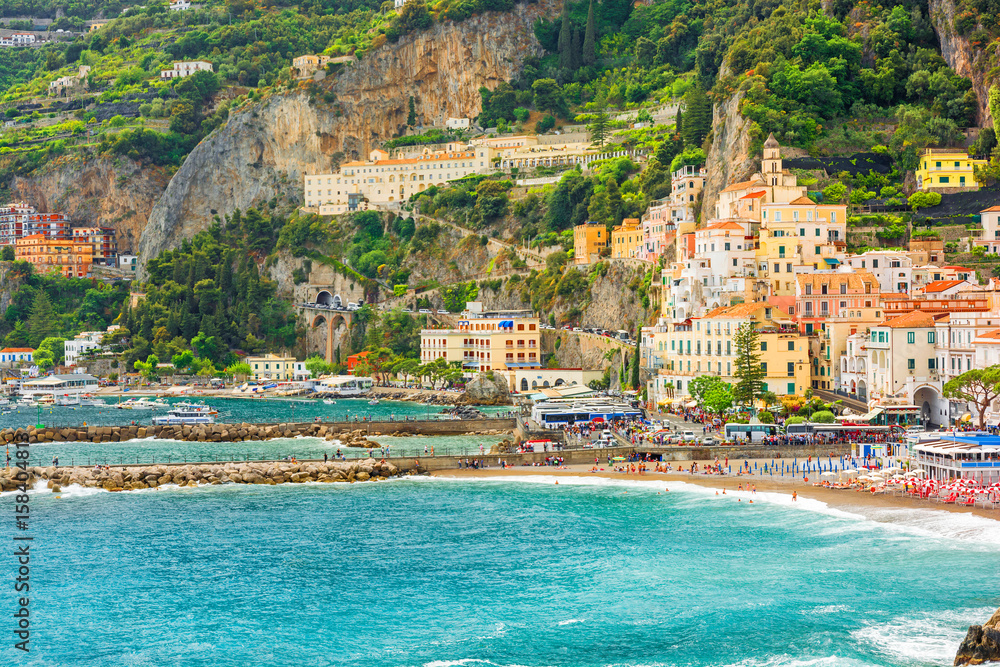 view of harbor of Amalfi town on Amalfi coast, Campania, Italy