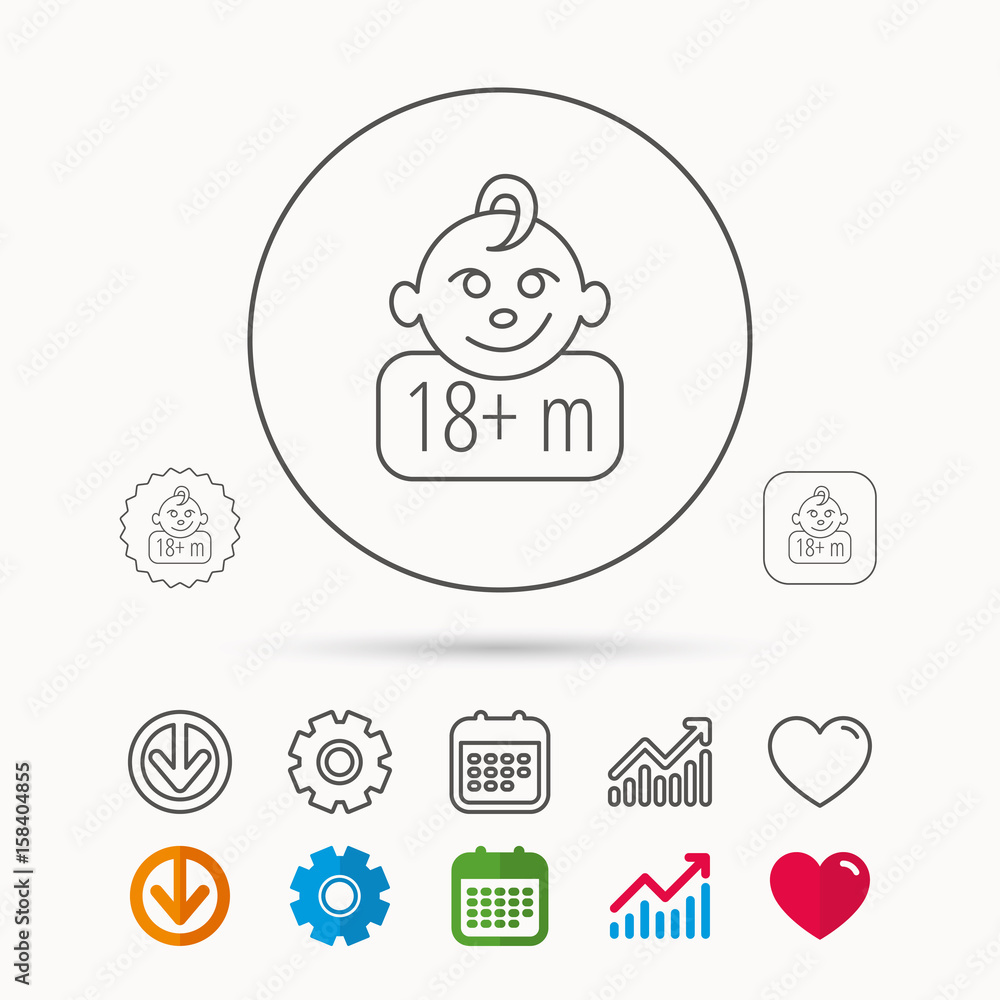 Baby face icon. Newborn child sign. Use of one and half year and plus symbol. Calendar, Graph chart and Cogwheel signs. Download and Heart love linear web icons. Vector Baby face icon. Newborn child sign. Use of one and half year and plus symbol. Calendar, Graph chart and Cogwheel signs. Download and Heart love linear web icons. Vector