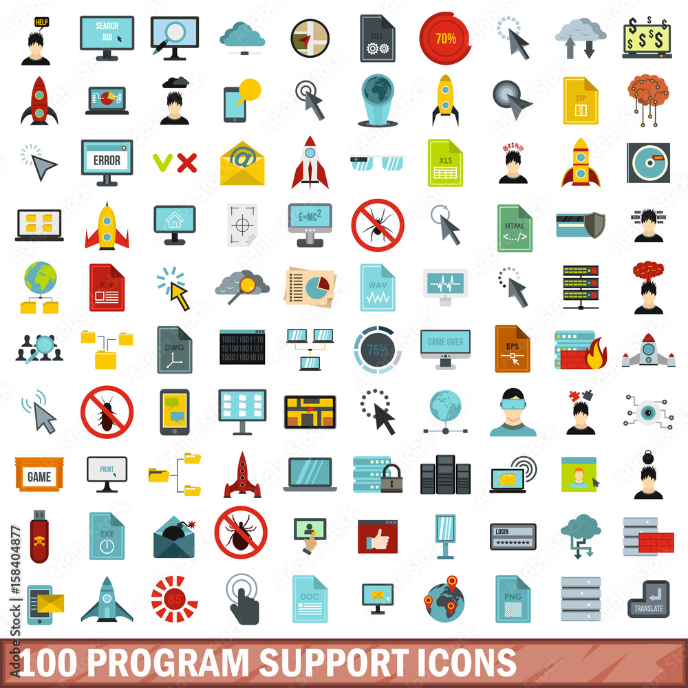 100 program support icons set, flat style 100 program support icons set, flat style