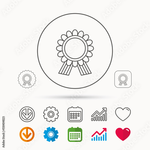 Award medal icon. Winner achievement sign. Calendar, Graph chart and Cogwheel signs. Download and Heart love linear web icons. Vector