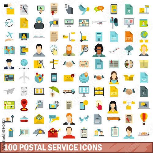 100 postal service icons set, flat style