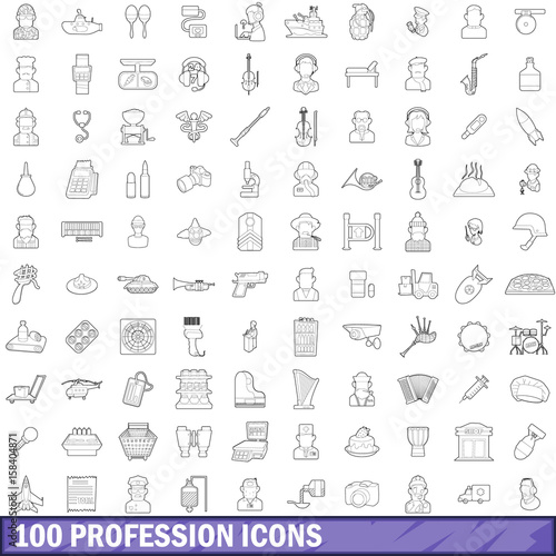 100 profession icons set, outline style