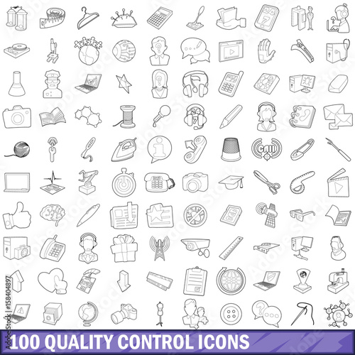 100 quality control icons set, outline style