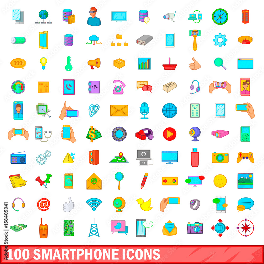 100 smartphone icons set, cartoon style 100 smartphone icons set, cartoon style