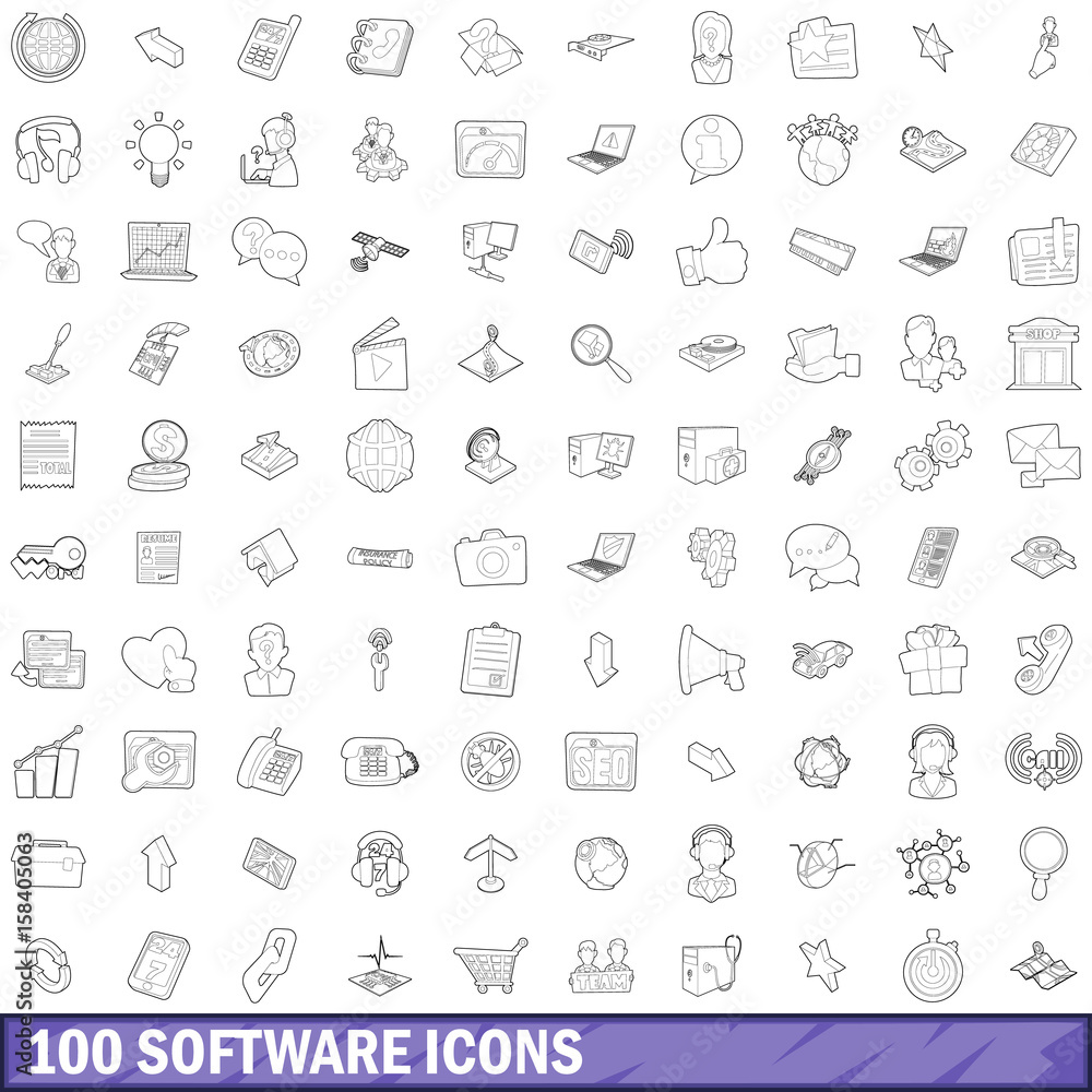 100 software icons set, outline style 100 software icons set, outline style