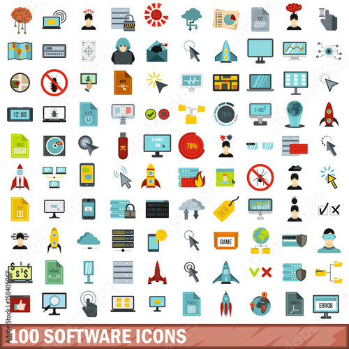 100 software icons set, flat style