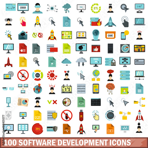 100 software development icons set, flat style