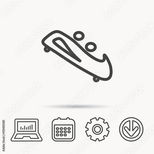 Bobsleigh icon. Two-seater bobsled sign. Professional winter sport symbol. Notebook, Calendar and Cogwheel signs. Download arrow web icon. Vector