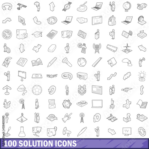 100 solution icons set, outline style