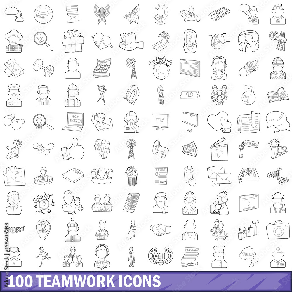 100 teamwork icons set, outline style