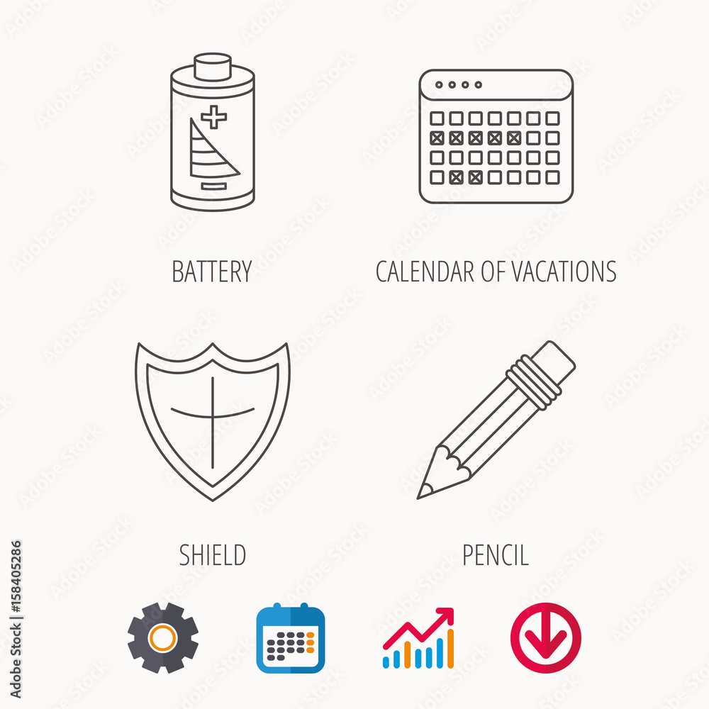 Battery, calendar and pencil icons. Vacations, shield protection linear signs. Calendar, Graph chart and Cogwheel signs. Download colored web icon. Vector