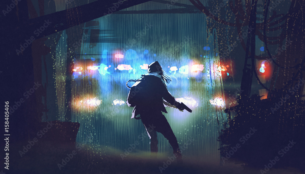 Obraz premium scena złodzieja z pistoletem złapanym przez światła samochodu policyjnego w deszczową noc z cyfrowym stylem sztuki, malowanie ilustracji