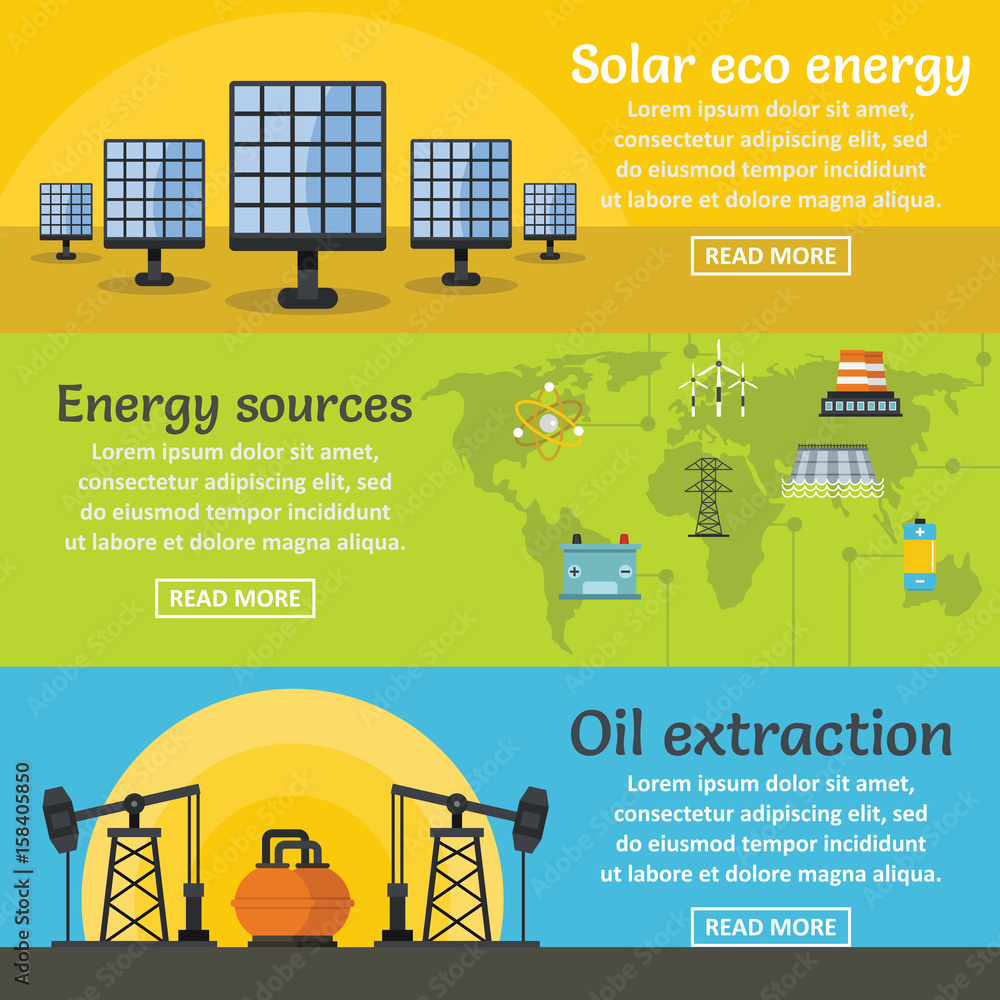 Energy sources banner horizontal set, flat style Energy sources banner horizontal set, flat style