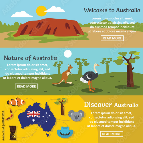 Australia travel banner horizontal set, flat style photo