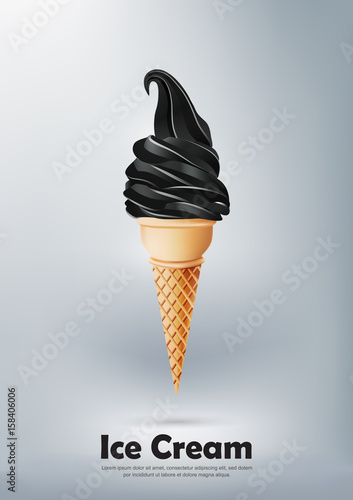 Black soft cream ice cream cone, charcoal or black sesame flavor, transparent Vector illustration