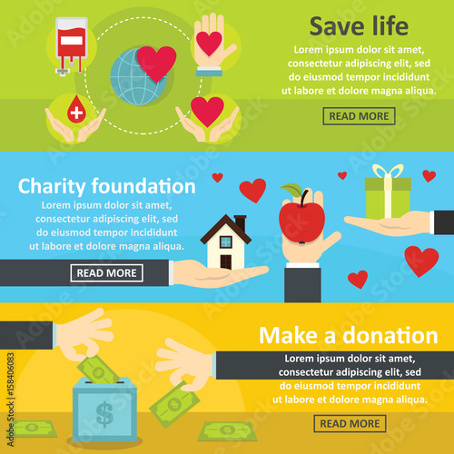 Charity donation banner horizontal set, flat style