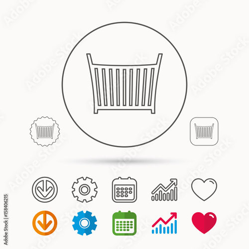 Baby crib bed icon. Child cradle sign. Newborn sleeping cot symbol. Calendar, Graph chart and Cogwheel signs. Download and Heart love linear web icons. Vector