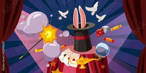 Magician explode banner horizontal, cartoon style