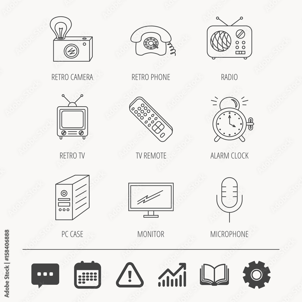 Retro camera, radio and phone call icons. Monitor, PC case and microphone linear signs. TV remote, alarm clock icons. Education book, Graph chart and Chat signs. Vector