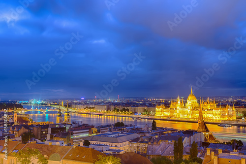 Parliament and riverside in Budapest Hungary during blue hour sunset