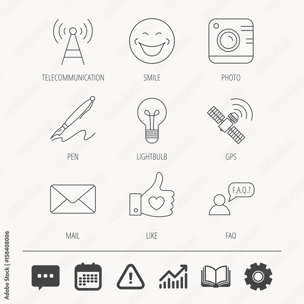 Mail, photo camera and lightbulb icons. Pen, GPS and telecommunication linear signs. FAQ, like and smile icons. Education book, Graph chart and Chat signs. Attention, Calendar and Cogwheel web icons Mail, photo camera and lightbulb icons. Pen, GPS and telecommunication linear signs. FAQ, like and smile icons. Education book, Graph chart and Chat signs. Attention, Calendar and Cogwheel web icons