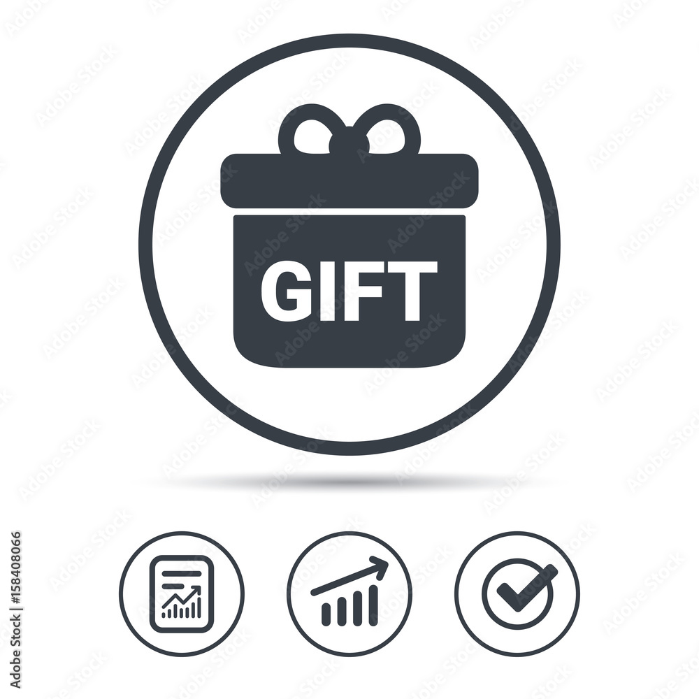 Gift icon. Present box with bow symbol. Report document, Graph chart and Check signs. Circle web buttons. Vector Gift icon. Present box with bow symbol. Report document, Graph chart and Check signs. Circle web buttons. Vector