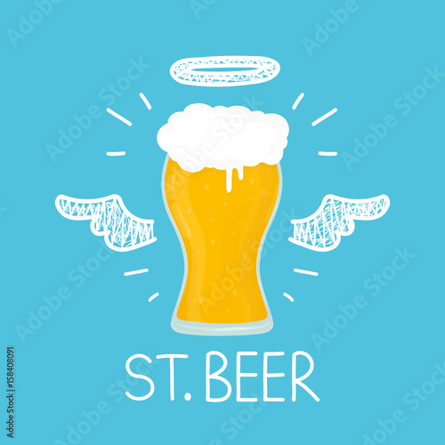 Heaven beer concept "St. beer" with angel halo and wings. Flat and doodle vector isolated illustration. bar, cafe, love craft beer, alcohol concept design. card, poster for bar, pub