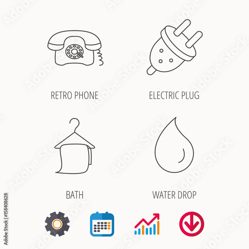 Retro phone, bath towel and electric plug icons. Water drop linear sign. Calendar, Graph chart and Cogwheel signs. Download colored web icon. Vector