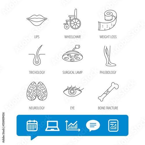 Eye  neurology brain and vein varicose icons. Wheelchair  bone fracture and trichology linear signs. Weight loss  lips and surgical lamp icons. Report file  Graph chart and Chat speech bubble signs
