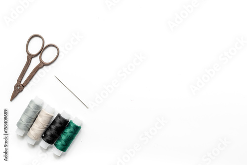 tools for sewing for hobby set on white background top view mock up