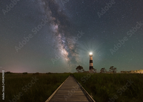 Boardwalk leading to the Bodie Island Lighthouse and Milky Way Galaxy
