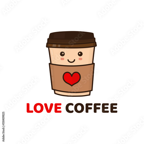 Cute funny happy paper coffee cup. Vector modern style flat character cartoon illustration icon logo template design. Isolated on yellow background. Kid child. Love coffee cafe concept . Coffee to go