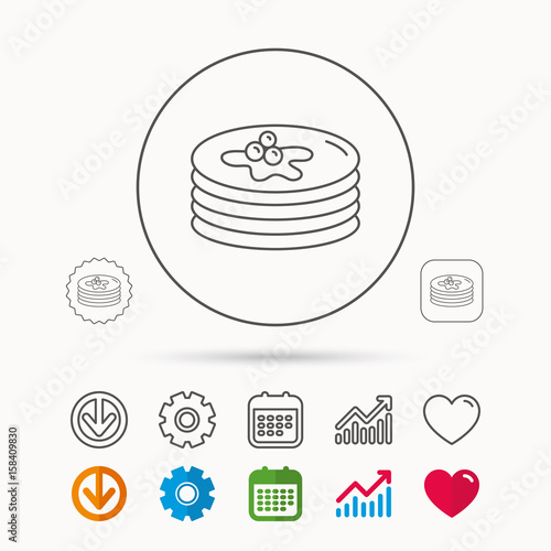 Pancakes icon. American breakfast sign. Food with maple syrup symbol. Calendar, Graph chart and Cogwheel signs. Download and Heart love linear web icons. Vector