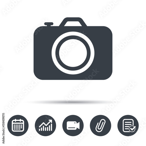 Camera icon. Professional photocamera symbol. Calendar, chart and checklist signs. Video camera and attach clip web icons. Vector