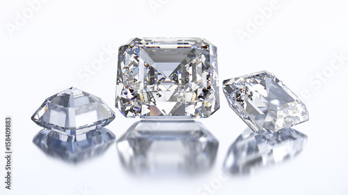 3D illustration three asscher diamond stone